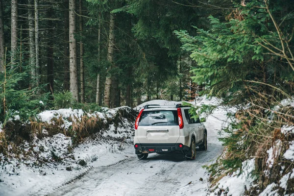 SUV voiture avec chaîne sur roues dans la forêt enneigée — Photo