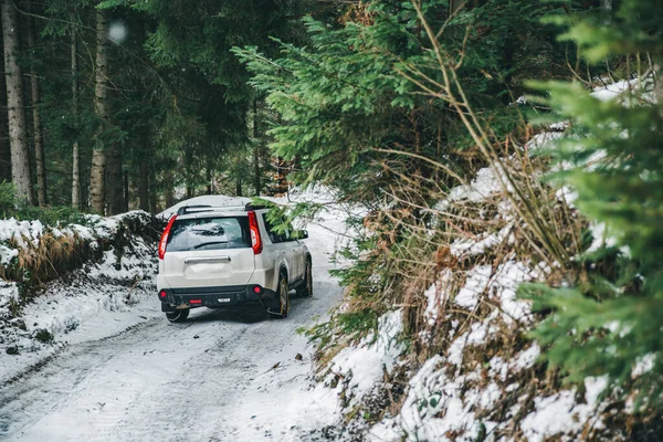 SUV autó lánc kerekek havas erdőben — Stock Fotó