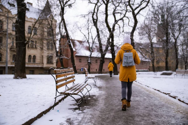 Vedere din spatele femeii mergând pe strada orașului cu zăpadă — Fotografie, imagine de stoc