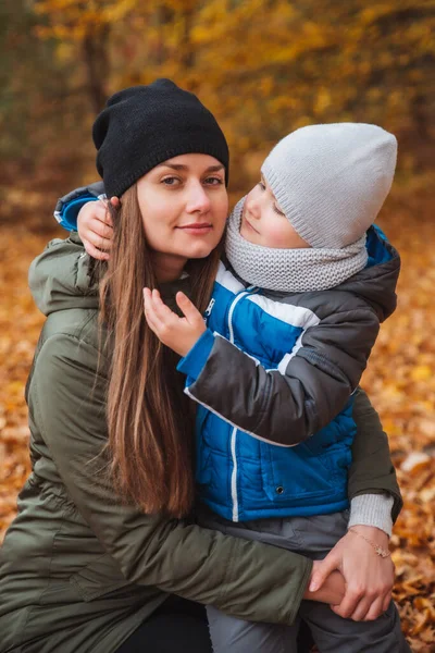 Portrait of mother with kid son together in autumn outfit — Stock Photo, Image