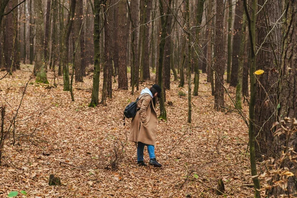 Donna in abito autunnale a piedi dalla foresta — Foto Stock