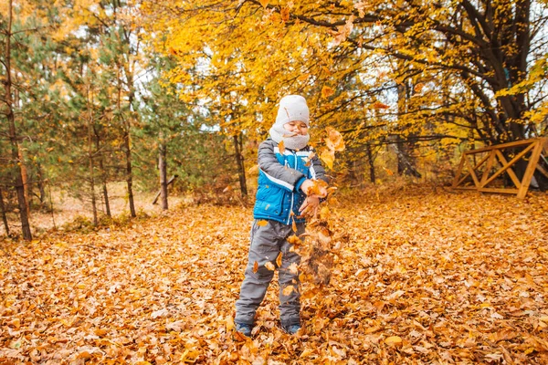 Petit garçon jouant avec des feuilles jaunes dans le parc d'automne — Photo