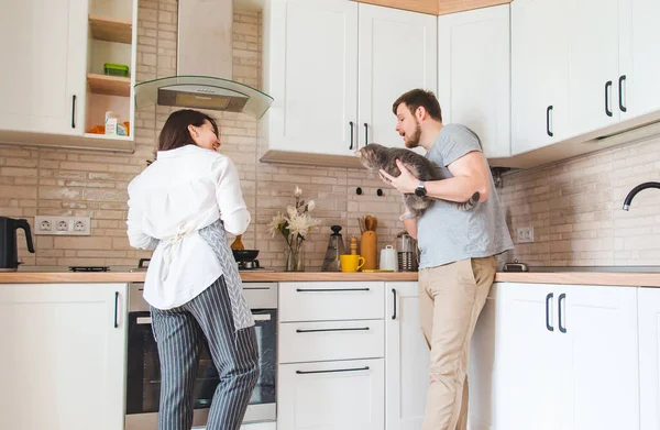 Hombre con mujer en la cocina cocinando. sosteniendo gato en manos . — Foto de Stock