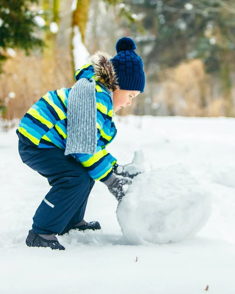 可愛い子が雪だるまを作ってる大きな雪玉を転がし — ストック写真