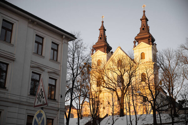 view of sunset light on church window