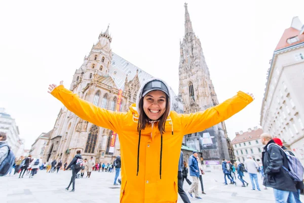 Smiling happy woman portrait in front of vienna cathedral church — 스톡 사진