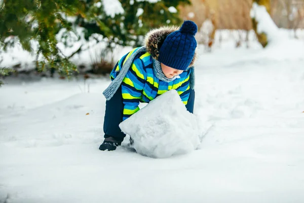 可愛い子が雪だるまを作ってる大きな雪玉を転がし — ストック写真