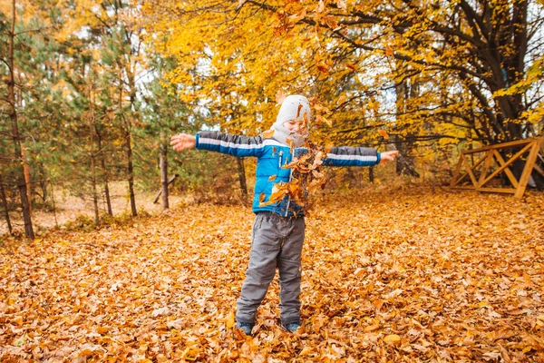 Kleiner Junge spielt mit gelben Blättern im Herbstpark — Stockfoto