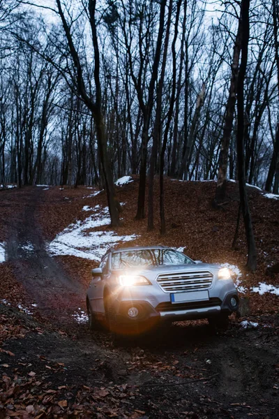 Voyage en voiture hors route à la forêt d'hiver — Photo