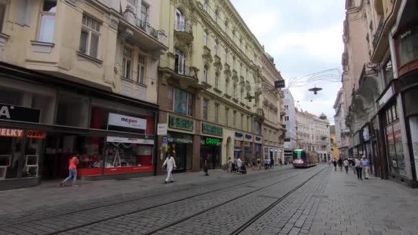 Brno, Tjeckien - 15 juni 2019: utsikt över Brno centrum spårvagn vid stopp — Stockvideo