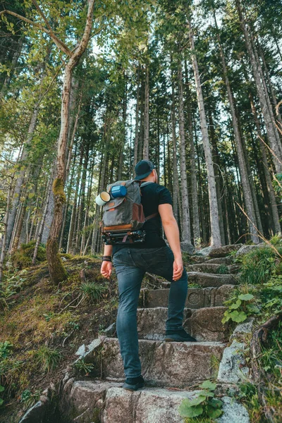 Homem com mochila andando por escadas de pedra que leva à floresta — Fotografia de Stock