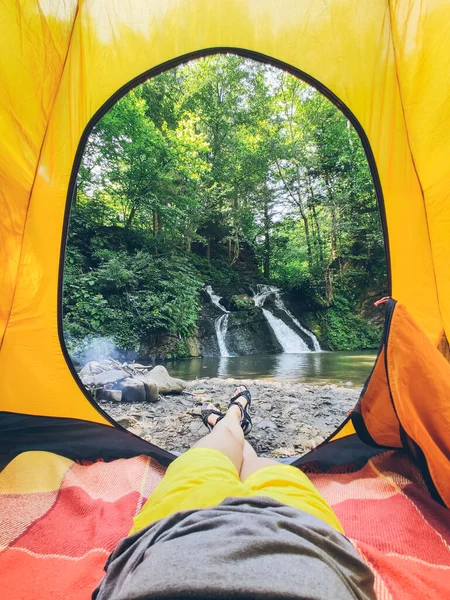 View from tent to the waterfall — 스톡 사진