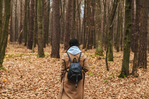 秋の衣装を着た女性が森を歩いて — ストック写真