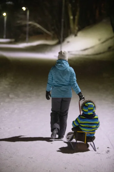 Mother Pulling Sled Kid Winter City Park Night Lights — Stock Photo, Image