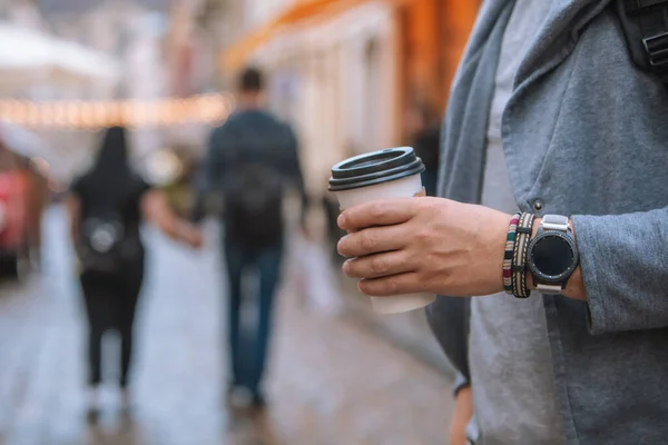 Man Hand Close Holding Disposable Coffee Cup Smart Watch Bracelet — Stock Photo, Image