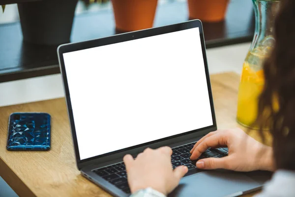 Woman Working Laptop Cafe White Screen Freelancer Concept Copy Space — Stock Photo, Image