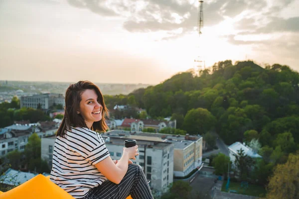 Woman Drinking Coffee Beautiful View Sunset Lviv City Ukraine Copy — Stock Photo, Image