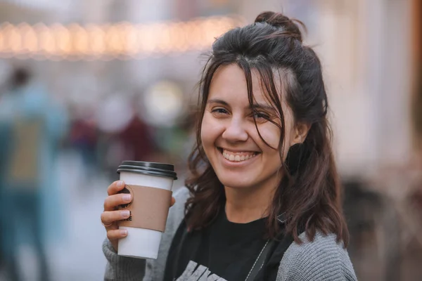 Young Pretty Woman City Street Drinking Coffee Disposable Cup Lifestyle — Stock Photo, Image