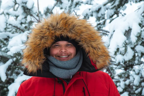 Young Adult Man Portrait Red Winter Coat Hood Fur Snowed — Stock Photo, Image