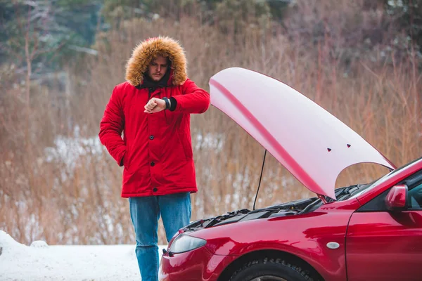 Man Opened Car Hood Breakdown Highway Road Insurance Assistance Copy — Stock Photo, Image