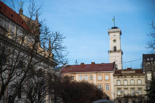 Vista Torre Sino Cidade Lviv Ukraine Famoso Marco Viagem — Fotografia de Stock