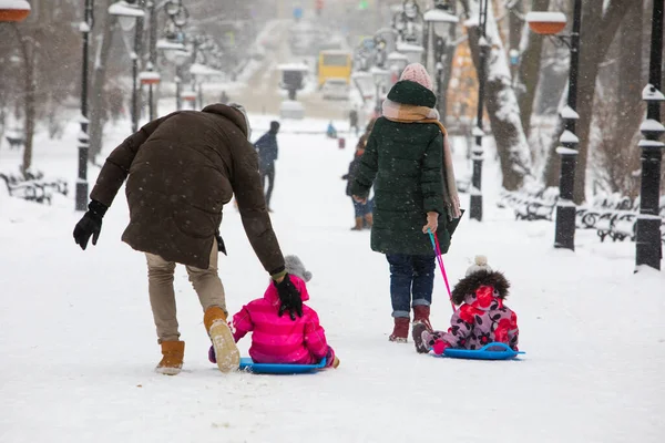 Barn Glider Vintern Kulle Stadsparken Föräldrar Driver Kul — Stockfoto