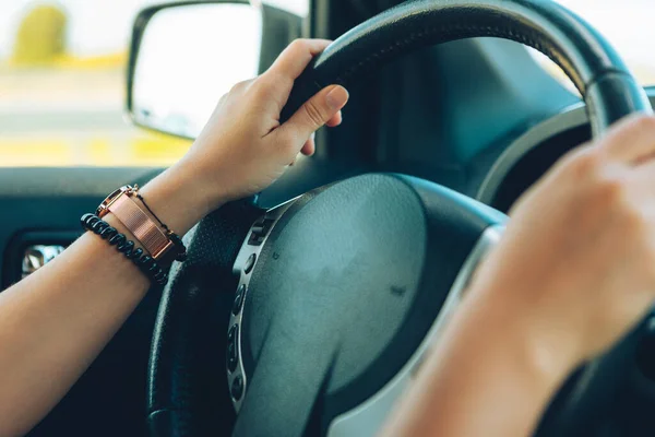 Woman Hands Steering Wheel Driving Close Car Travel — Stock Photo, Image