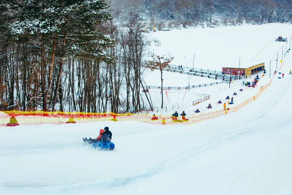 Pessoas Divertir Tubulação Neve Para Baixo Pela Colina Inverno Hora — Fotografia de Stock