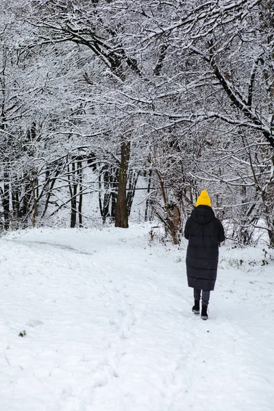 Mulher Casaco Inverno Preto Chapéu Amarelo Andando Pelo Espaço Cópia — Fotografia de Stock