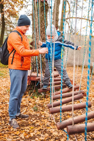 Father Toddler Kid Son Playing Playground Autumn Fall Season — Stock Photo, Image