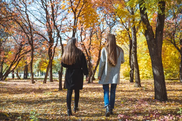 Dwie Dziewczyny Spacerując Przez Jesienny Park Miejski Rozmowy — Zdjęcie stockowe