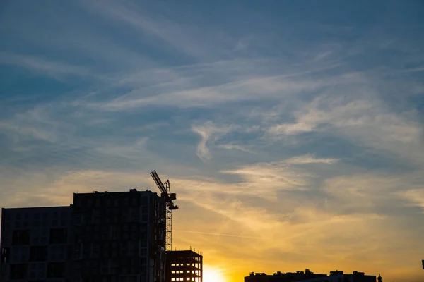 Silhouette Construction Site Sunset Copy Space — Stock Photo, Image