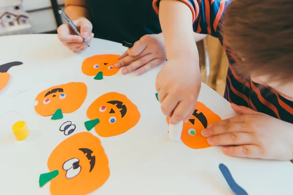 Young Mother Toddler Son Making Craft Pumpkins Halloween Holiday Family — Stock Photo, Image