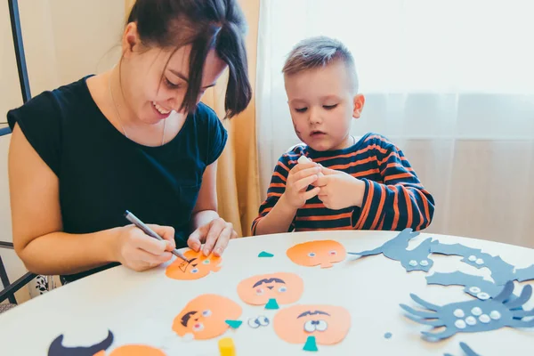 Young Mother Toddler Son Making Craft Pumpkins Halloween Holiday Family — Stock Photo, Image