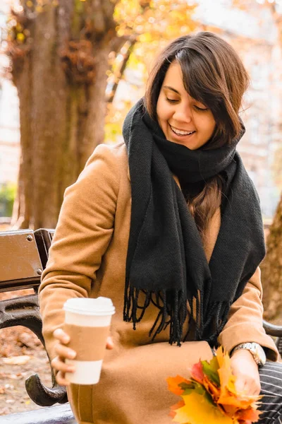 Woman Sitting Bench Autumn City Park Drinking Coffee Fall Season — Stock Photo, Image