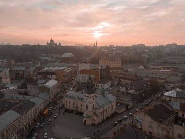Lviv Ukraina November 2018 Flygfoto Över Solnedgången Över Gamla Europeiska — Stockfoto