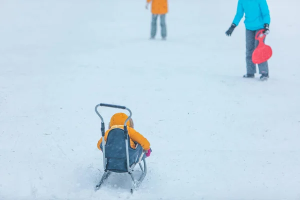 Pequena Criança Trenó Deslizando Para Baixo Pelo Inverno Nevou Colina — Fotografia de Stock