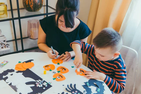 Young Mother Toddler Son Making Craft Pumpkins Halloween Holiday Family — Stock Photo, Image