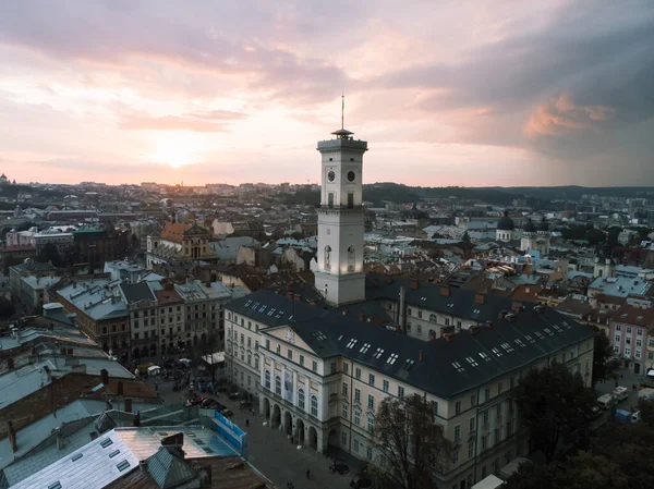 Vista Aérea Torre Del Reloj Campana Lviv Puesta Del Sol — Foto de Stock