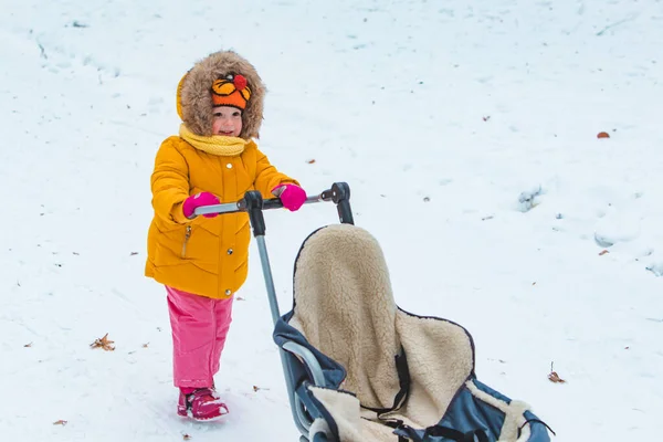 Маленька Усміхнена Дівчинка Санчатами Сніжний Зимовий День — стокове фото