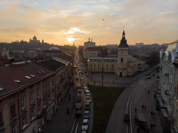 Lviv Ucrânia Novembro 2018 Vista Aérea Pôr Sol Acima Antigo — Fotografia de Stock