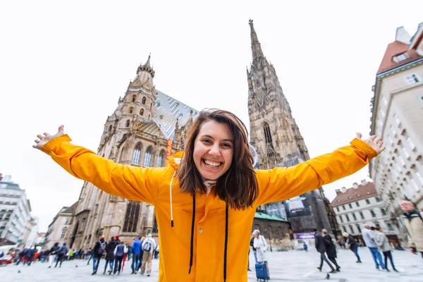 Smiling Happy Woman Portrait Front Vienna Cathedral Church Saint Stephen — 스톡 사진