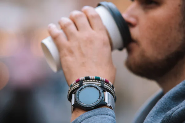 Man Drinking Coffee Disposable Cup Smart Watch Bracelet Wrist Close — Stock Photo, Image