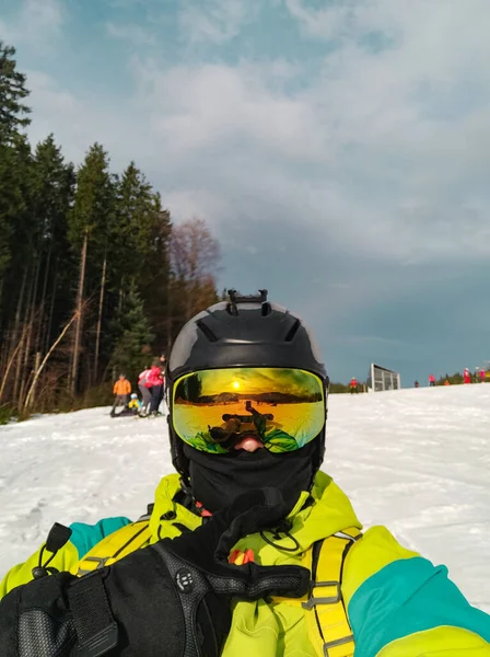 Man Taking Selfie Ski Mask Goggles Snowed Hill Winter Leisure — Stock Photo, Image