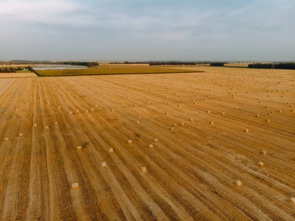 Luftaufnahme Sonnenuntergang Feld Ernte Herbst Zeit Heustapel — Stockfoto