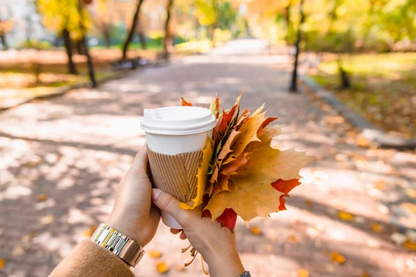 Woman Holding Coffee Cup Drink Autumn Fall Season Yellow Leaves — Stock Photo, Image