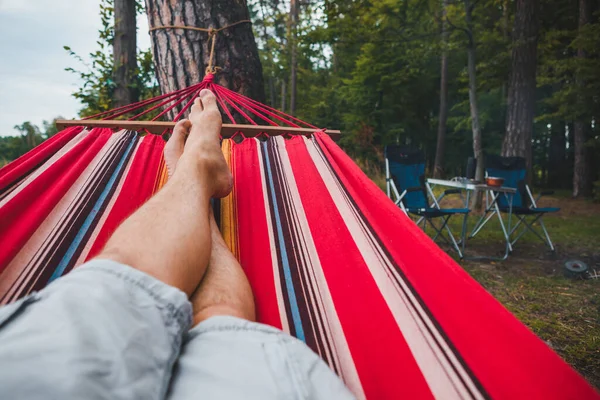 Man Resting Hammock Forest Summer Time Camping Chairs — Stock Photo, Image