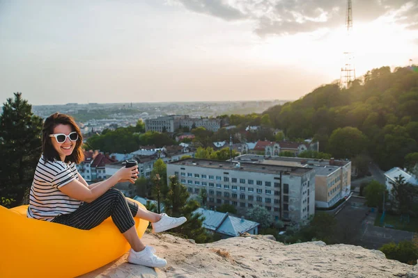 Woman Drinking Coffee Beautiful View Sunset Lviv City Ukraine Copy — Stock Photo, Image