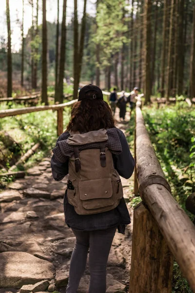 Escursionista Donna Piedi Sentiero Pietra Nella Foresta Con Zaino — Foto Stock