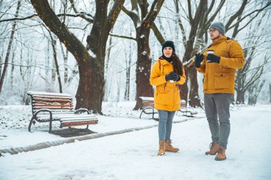 sosyalleşme konuşurken kar yağdı Şehir Parkı tarafından yürüme çift. romantik tarih kış zamanında. Noel geliyor